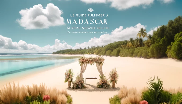 DALL·E 2024-06-17 10.25.43 - A beautiful beach wedding setup in Madagascar with clear blue skies, pristine sands, and an altar adorned with tropical flowers. The background shows